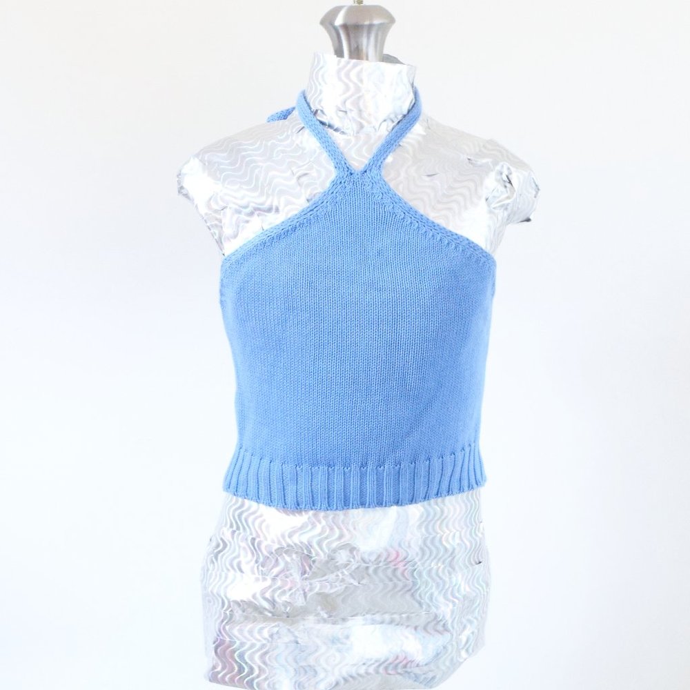 Vintage Blue Cropped Knit Halter Crop Tank Top | Size S